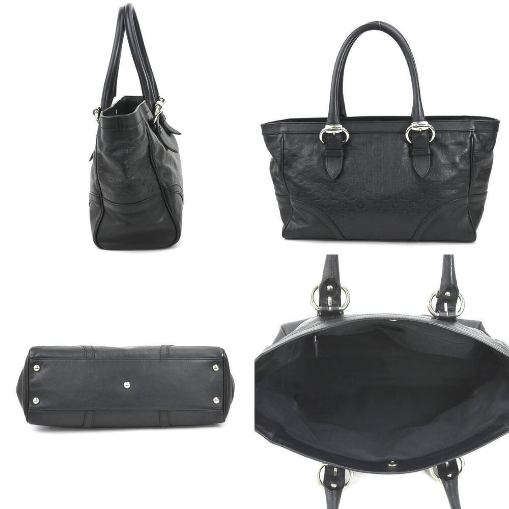 Gucci Leather Handbag Silver Embossed Black Silver Black